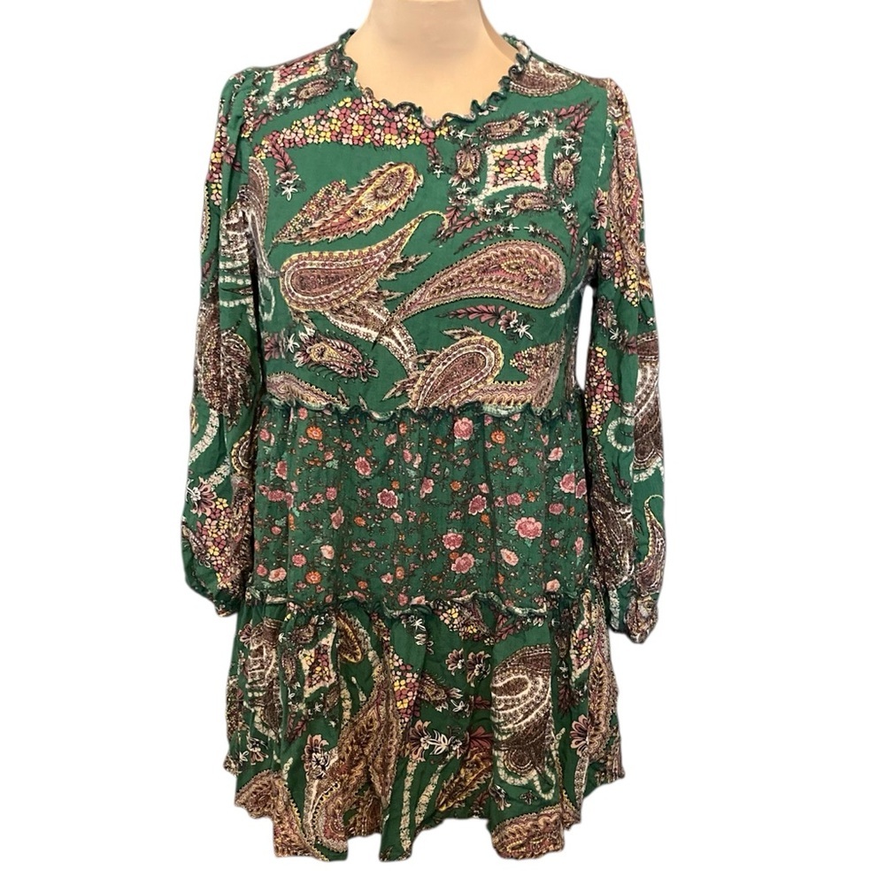 Wonderly 100% Rayon Multicolor Paisley Long Sleeve Tiered‎ Mini Dress